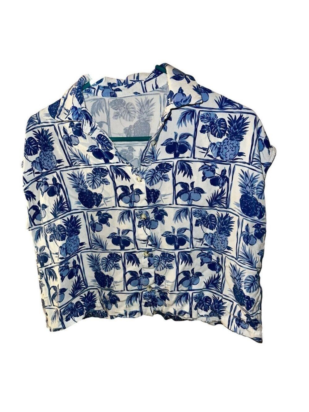 Rose & Olive Blue White Hawaiian Novelty Fruit Cropped Cap Sleeve Shirt - Picture 3 of 8